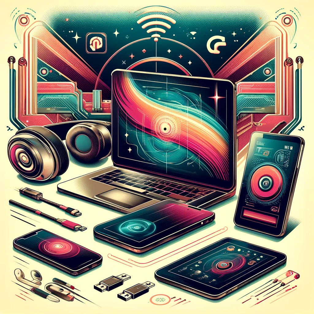 DALLE 2024 05 30 11.14.23 A modern and stylish digital technology setup illustrated in a retro futuristic style. The image shows the latest devices like a sleek laptop with a