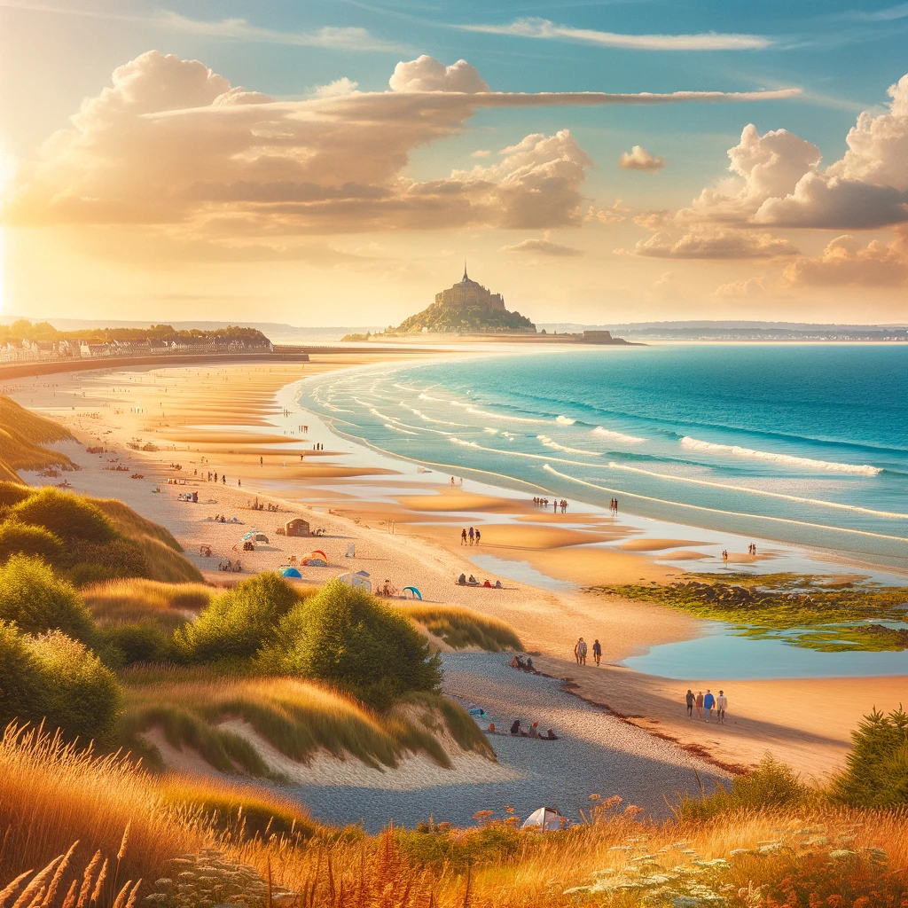 DALLE 2024 05 30 11.23.25 A picturesque coastal landscape near Caen France featuring sandy beaches and gentle waves under a bright sunny sky. The scene is serene with a dist
